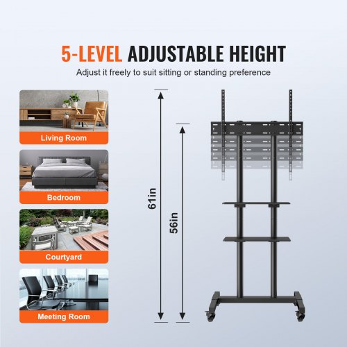 Mobile TV Stand Mobile TV Cart for 32 to 70 inch TVs Height Adjustable