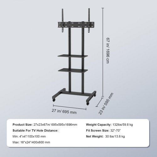 Mobile TV Stand Mobile TV Cart for 32 to 70 inch TVs Height Adjustable