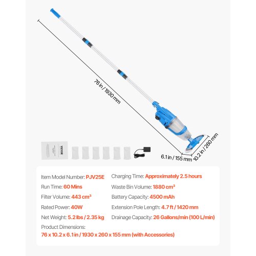 Pool Vacuum 26 GPM Handheld Cordless Hot Tub Vacuum with Extension Pole