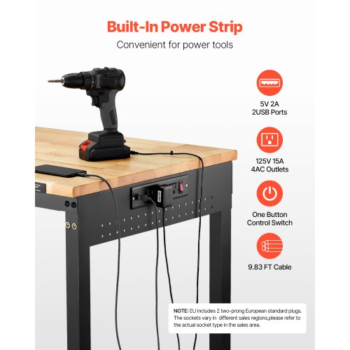 48Inch Adjustable Workbench 2000 lbs Load Work Bench with Power Outlet