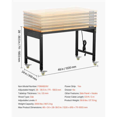 48Inch Adjustable Workbench 2000 lbs Load Work Bench with Power Outlet
