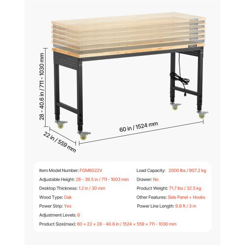 60Inch Adjustable Workbench 2000 lbs Load Work Bench with Power Outlet