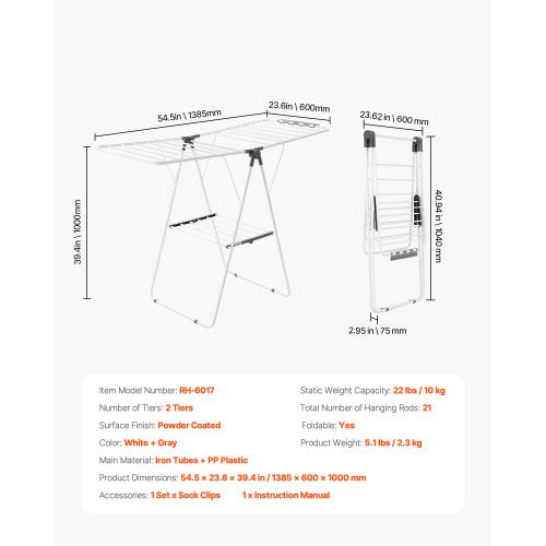 Clothes Drying Rack 2Tier Foldable Laundry Dryer Rack with Sock Clips 21