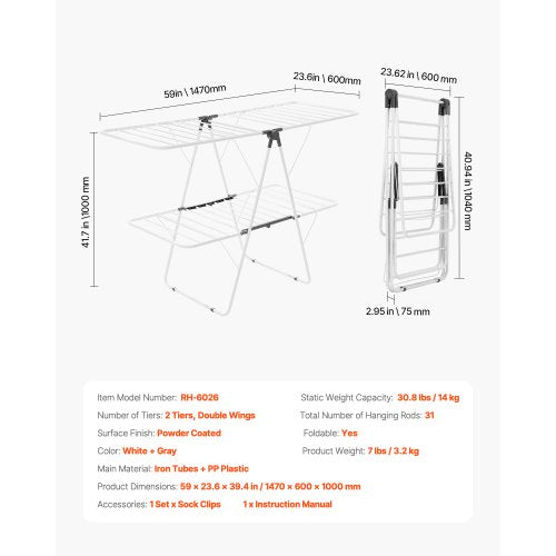 Clothes Drying Rack 2Tier Foldable Laundry Dryer Rack with Sock Clips 31