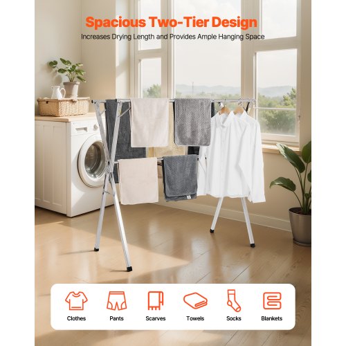 Clothes Drying Rack 2Tier Telescopic Laundry Dryer Rack Stainless Steel