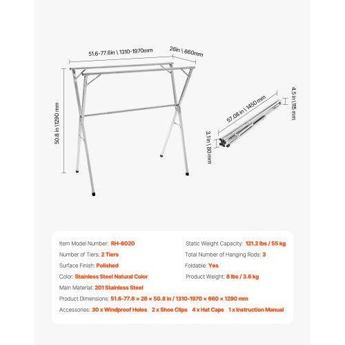 Clothes Drying Rack 2Tier Telescopic Laundry Dryer Rack Stainless Steel