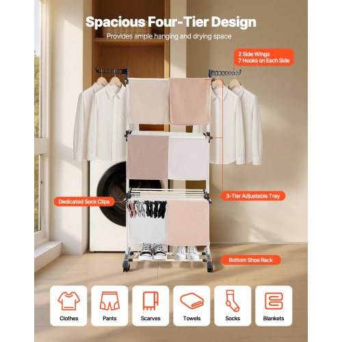 Clothes Drying Rack 4Tier Foldable Laundry Dryer Rack Metal Drying Racks