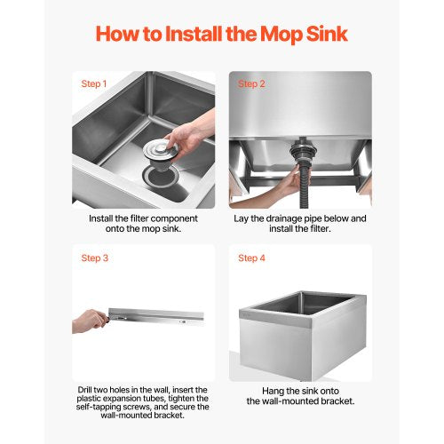 Stainless Steel Floor Mop Sink 22 x 19 x 12 in 304 Stainless Steel with 3in1