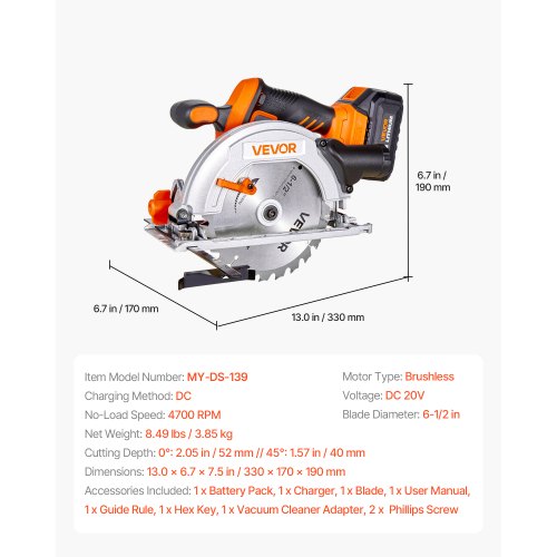 Cordless Circular Saw 612 inch Blade 4700 RPM Speed45 Degree Bevel