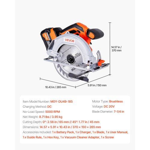 Cordless Circular Saw 714 inch Blade 5000 RPM Speed45 Degree Bevel