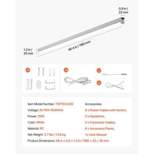 LED Shop Light 6 Pack T5 Integrated Single Fixture 4FT 2200lm 6500K