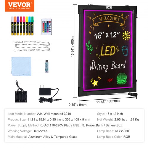 LED Message Writing Board 16x12 Illuminated Erasable Lighted Chalkboard