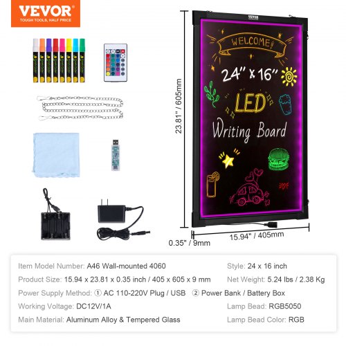 LED Message Writing Board 24x16 Illuminated Erasable Lighted Chalkboard