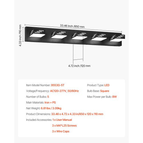5Light LED Modern Vanity Light Fixtures 3346Inch Black Finish Bathroom
