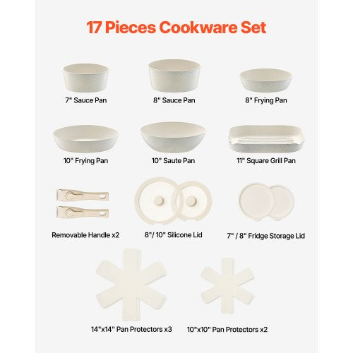 17 Piece Pots and Pans Set Nonstick Detachable Handle Cookware Space