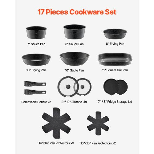 17 Piece Pots and Pans Set Granite Nonstick Detachable Handle Cookware