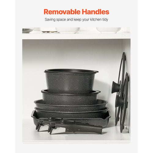 17 Piece Pots and Pans Set Granite Nonstick Detachable Handle Cookware