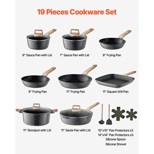 19 Piece Pots and Pans Set Granite Nonstick Cookware Set Induction
