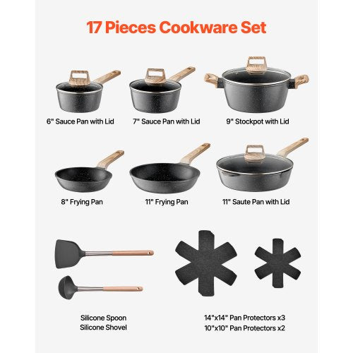 17 Piece Pots and Pans Set Nonstick Granite Cookware Set Induction