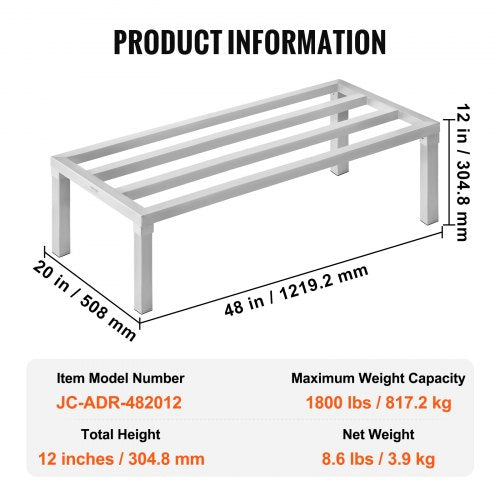 Aluminum Dunnage Rack 48” x 20” Commercial Food Floor Rack 12” Off the Floor