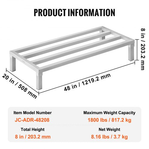 Aluminum Dunnage Rack 48” x 20” Commercial Food Floor Rack 8” Off the Floor
