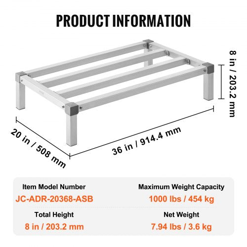 Aluminum Dunnage Rack 36” x 20” Commercial Food Floor Rack 8” Off the Floor