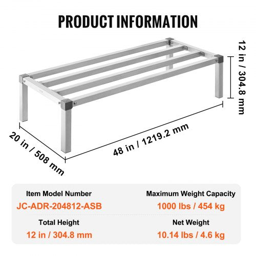 Aluminum Dunnage Rack 48” x 20” Commercial Food Floor Rack 12” Off the Floor