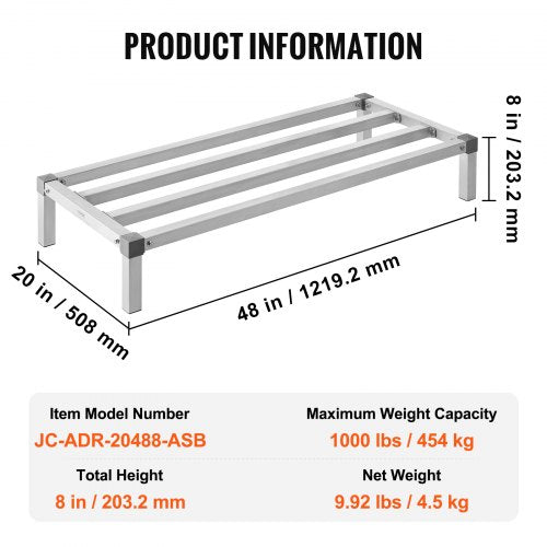 Aluminum Dunnage Rack 48” x 20” Commercial Food Floor Rack 8” Off the Floor