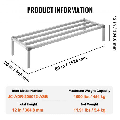 Aluminum Dunnage Rack 60” x 20” Commercial Food Floor Rack 12” Off the Floor