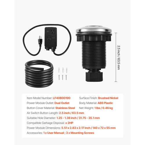 Garbage Disposal Air Switch Kit Dual Outlet Sink Top Air Switch for Food