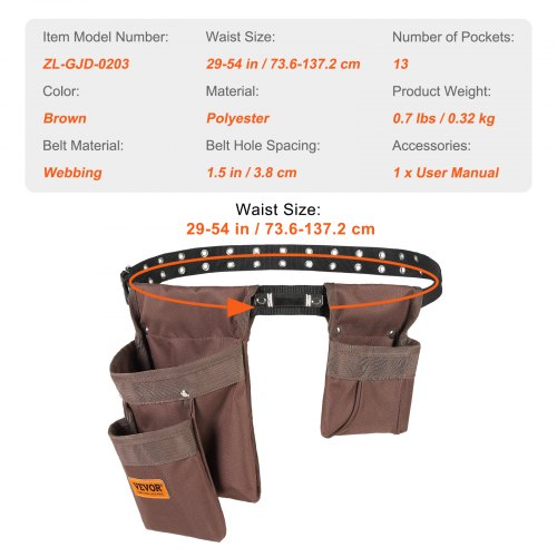 Tool Belt Adjusts from 29 Inches to 54 Inches Polyester Heavy Duty Tool