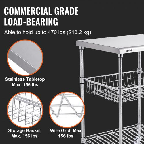 Kitchen Utility Cart 3 Tiers Wire Rolling Cart with 470LBS Capacity Steel