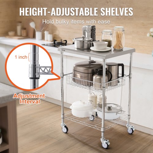 Kitchen Utility Cart 3 Tiers Wire Rolling Cart with 470LBS Capacity Steel