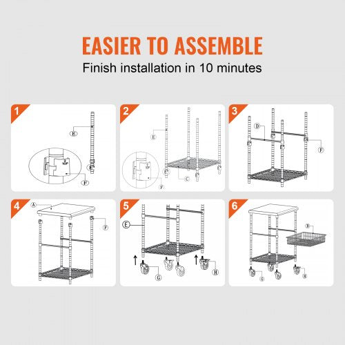Kitchen Utility Cart 3 Tiers Wire Rolling Cart with 470LBS Capacity Steel