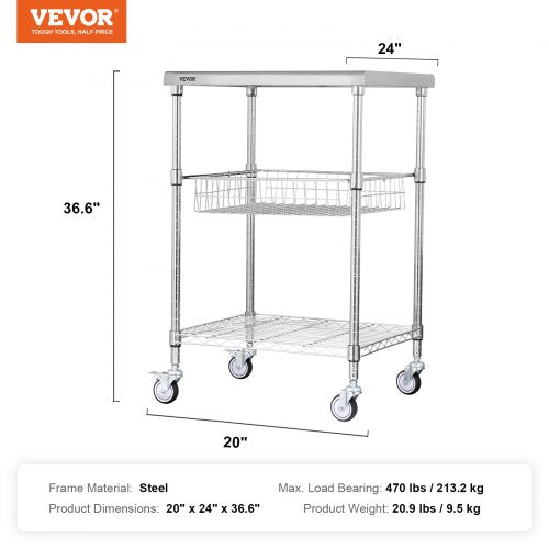 Kitchen Utility Cart 3 Tiers Wire Rolling Cart with 470LBS Capacity Steel