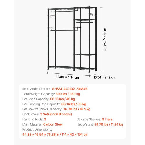 Clothing Garment Rack Heavy Duty Clothes Rack 6 Adjustable Tiers Clothes