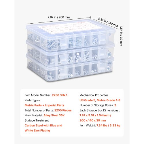 2250 Pcs Bolts and Nuts Assortment Kit Metric Imperial Machine Screws and Nuts