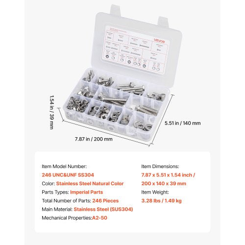 246 Pcs Bolts and Nuts Assortment Kit Imperial Screws and Flat Washers