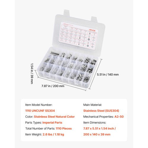 1110 Pcs Bolts and Nuts Assortment Kit Imperial Machine Screws and Flat