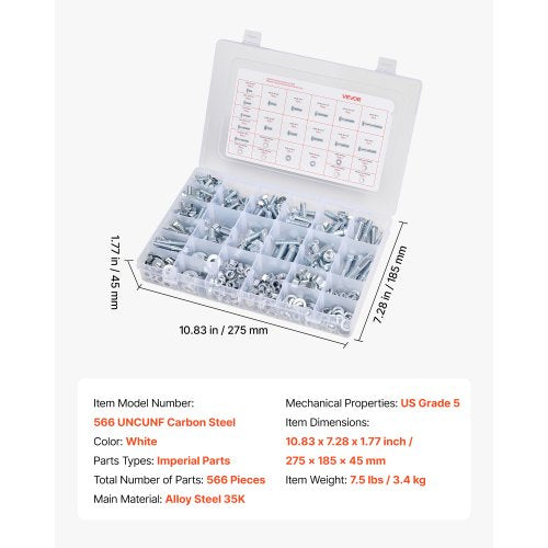 566 Pcs Bolts and Nuts Assortment Kit Imperial Machine Screws and Flat