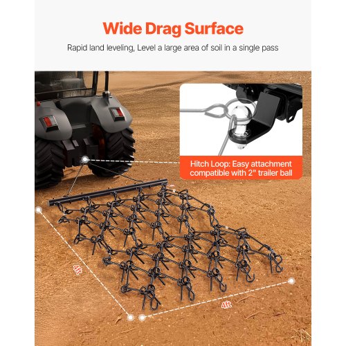Drag Harrow 4 x 4 ft Durable Chain Harrow with 69 Sharp Teeth Suitable for ATV
