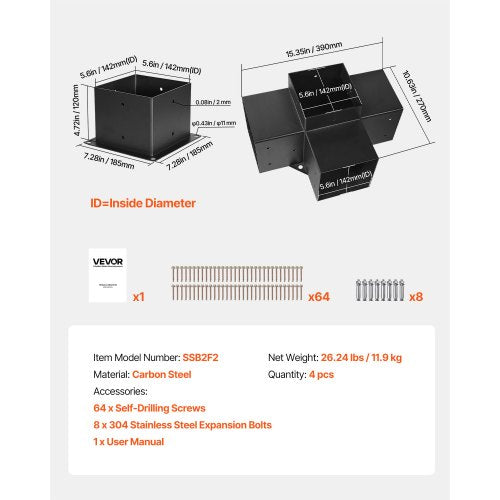 Pergola Bracket Kit 6x6 Inch Inner Size 55x55 2 Pcs 4Way Heavy Duty