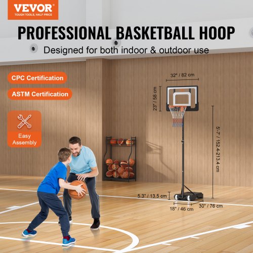 Basketball Hoop 57 ft Adjustable Height Portable Backboard System 32 inch