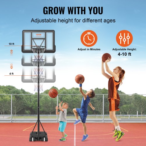 Basketball Hoop 4-10 ft Adjustable Height Portable Backboard System 44