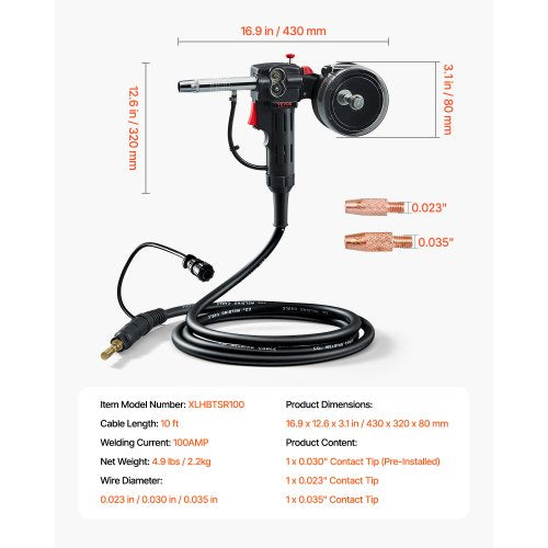 100Amp Spool Gun with 10FT Cable Compatible with Hobart Handler 210 MVP Mig