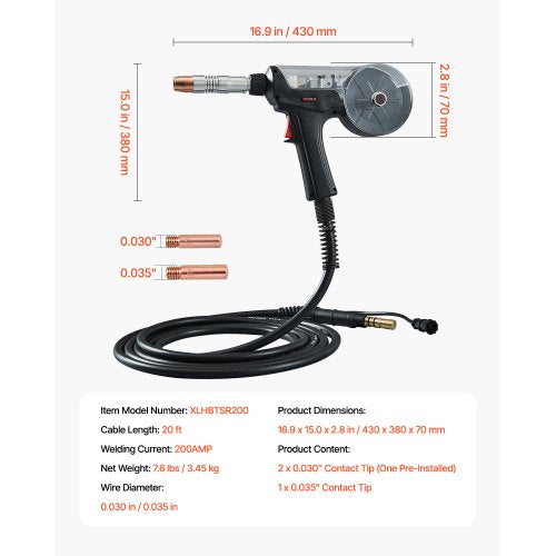 200Amp Spool Gun With 20Ft Cable Compatible Hobart Lronman 240 Mig Welders