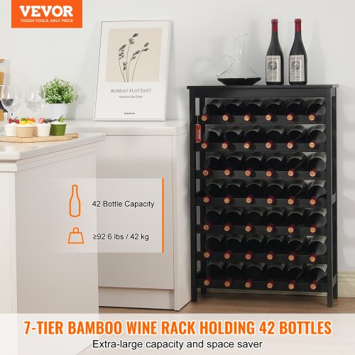 42 Bottle Modular Wine Rack 7Tier Solid Bamboo Wood Storage Racks with Table Top
