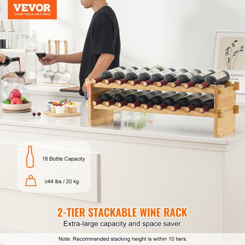 18 Bottle Stackable Modular Wine Rack 2Tier Solid Bamboo Wood Storage