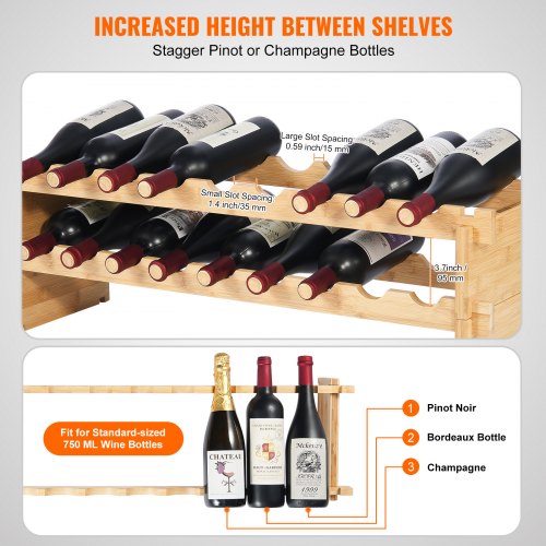 18 Bottle Stackable Modular Wine Rack 2Tier Solid Bamboo Wood Storage