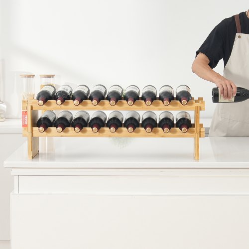 18 Bottle Stackable Modular Wine Rack 2Tier Solid Bamboo Wood Storage